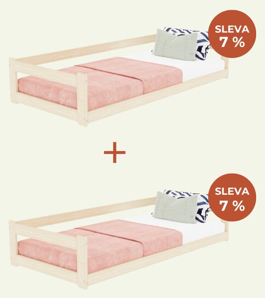 Nízké postele SAFE 5v1 se zábranou pro dvě děti - Nelakovaná, 90x180 cm