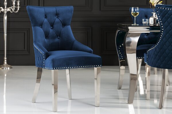 Elegantní židle CASTLE DELUXE z královsky modrého sametu s hlavou lva v barokním designu