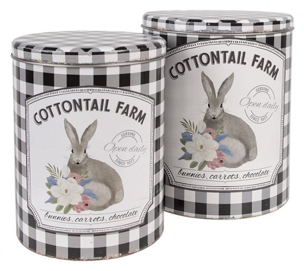 Set 2 bílo-černých plechových krabiček Cottontail Farm s motivem králíčka – 20x24/17x23 cm