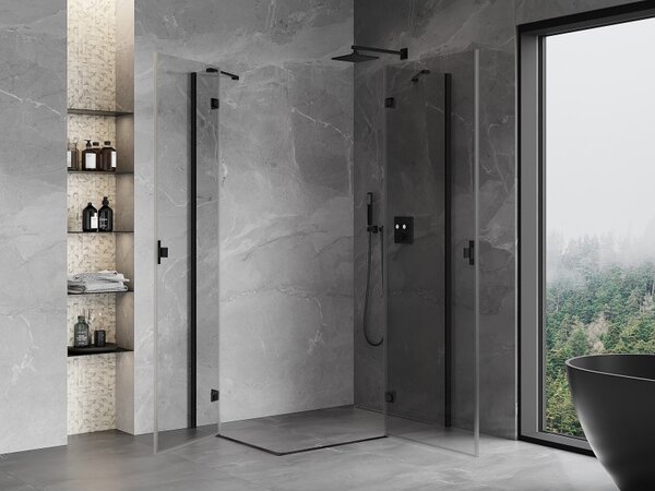 Mexen Mist-H Duo, 2-křídlý ​​výklopný sprchový kout 70 x 75 cm, čiré sklo, černý profil, 8A5-070L-075P-70-00