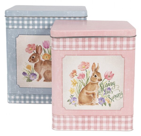 Set 2 plechových krabiček modré a růžové barvy s motivem králíčka – 21x15x25/18x13x22 cm