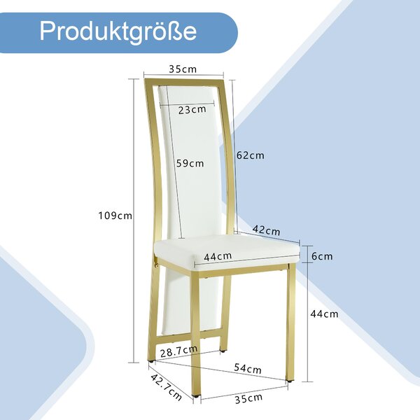 [Sada 4 kusů] Evropské minimalistické jídelní židle se zlatým lemem. Bílá umělá kůže + zlatý kovový rám, výška 109 cm, vhodné pro různé použití, jako je jídelna, kancelář atd. Bílá + zlatá
