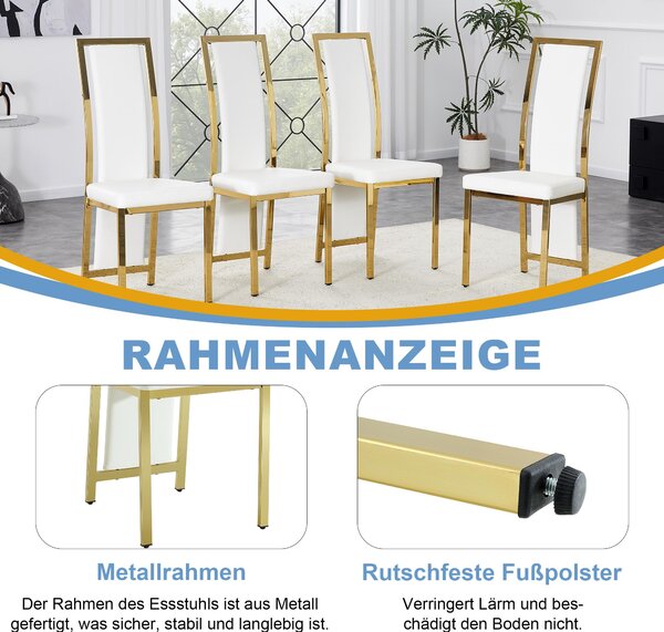 [Sada 4 kusů] Evropské minimalistické jídelní židle se zlatým lemem. Bílá umělá kůže + zlatý kovový rám, výška 109 cm, vhodné pro různé použití, jako je jídelna, kancelář atd. Bílá + zlatá