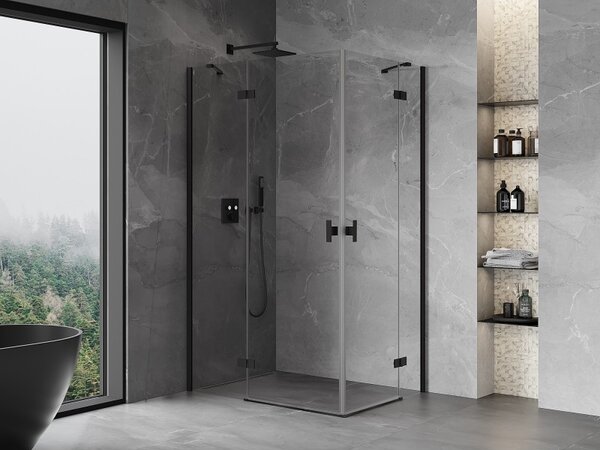 Mexen Mist-H Duo, 2-křídlý ​​výklopný sprchový kout 80 x 70 cm, čiré sklo, černý profil, 8A5-080L-070P-70-00