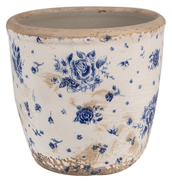 Béžový keramický obal na květináč s modrými růžičkami Schylar – 13x12 cm