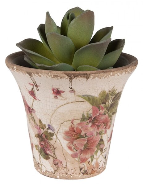 Béžový keramický obal na květináč s růžovými kytičkami Maryse – 13x11 cm