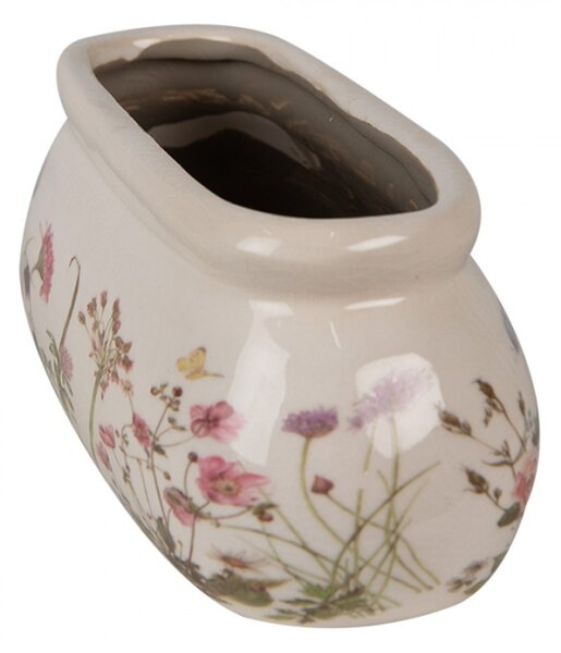 Béžový keramický oválný obal na květináč s malbou rostlin – 18x8x7 cm