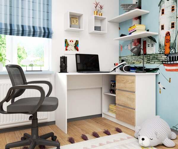 Ak furniture Rohový psací stůl B16 124 cm bílý/dub sonoma pravý