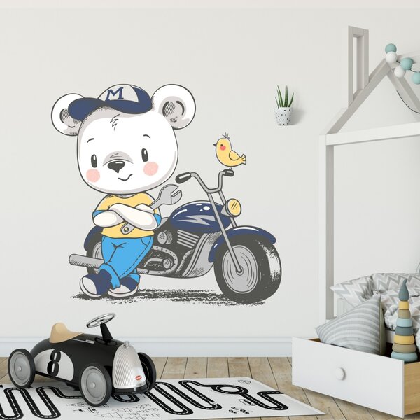 Textilní přemístitelná samolepka na zeď - malý motorkář 25 x 30 cm