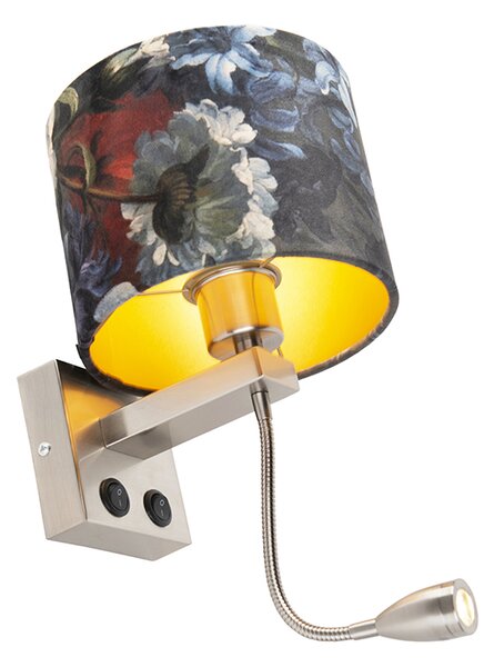 Nástěnná lampa ocelová s sametovým stínítkem s květy a zlatem - Brescia