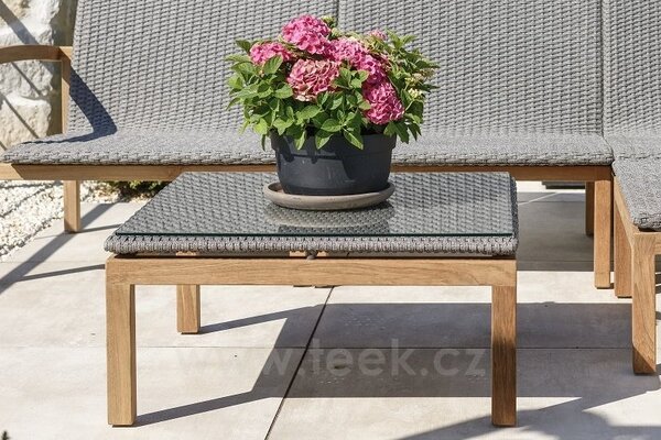 Stern Konferenční stolek Leah, Stern, 74x74x35,5 cm, teakový rám, deska opletená lankovým výpletem (PP) barva šedá (stone grey) vč.skleněné desky