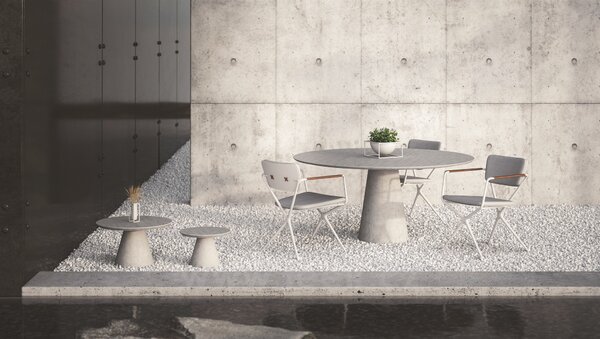 Royal Botania Betonový jídelní stůl snížený Conix, Royal Botania, kulatý 160x67 cm, podnož beton cement grey, deska teak