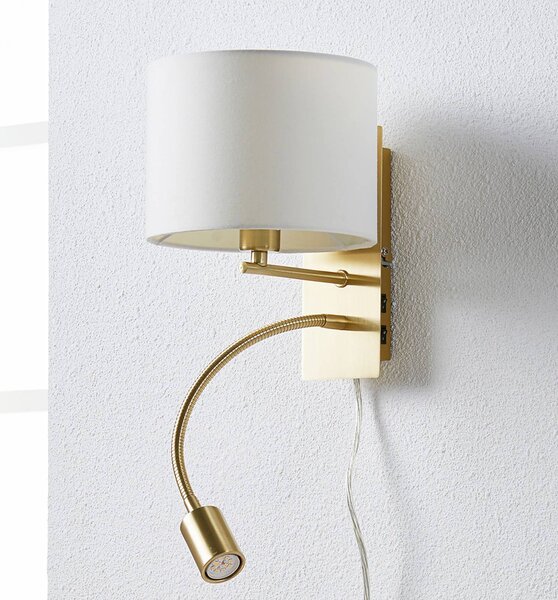Lindby Nástěnné svítidlo Florens, mosaz, LED lampa na čtení, 23,5 cm, Mosaz / zlato, Obývací pokoj / jídelna, Textil / tkanina / hedvábí, Moderní, Lampička na čtení