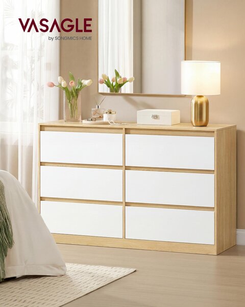 Komoda VASAGLE se 6 zásuvkami – moderní příborník do ložnice, rozměry 119,4 x 40 x 75 cm, barva mandlová žlutá a bílá