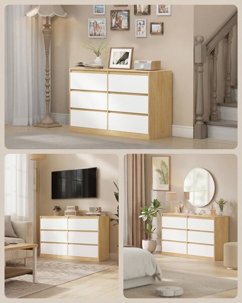 Komoda VASAGLE se 6 zásuvkami – moderní příborník do ložnice, rozměry 119,4 x 40 x 75 cm, barva mandlová žlutá a bílá