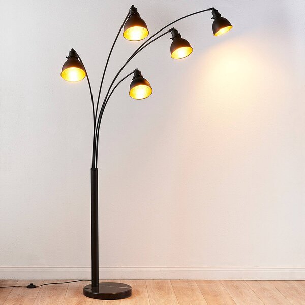 Lindby Stojací lampa Lira, 5 světel, výška 205 cm, černá, zlatá, Černá, Obývací pokoj / jídelna, kov, Moderní, stojací lampa