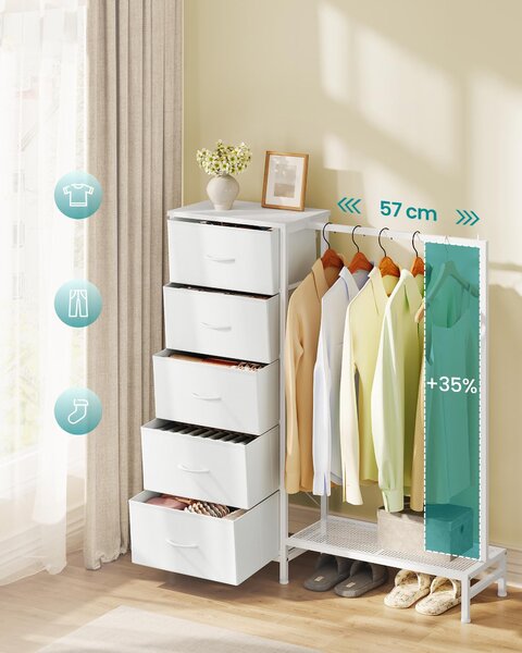 SONGMICS, stojan na oblečení 3 v 1 s 5 zásuvkami a věšákovou tyčí, rozměry 96,2 x 30 x 117,7 cm, bílá barva