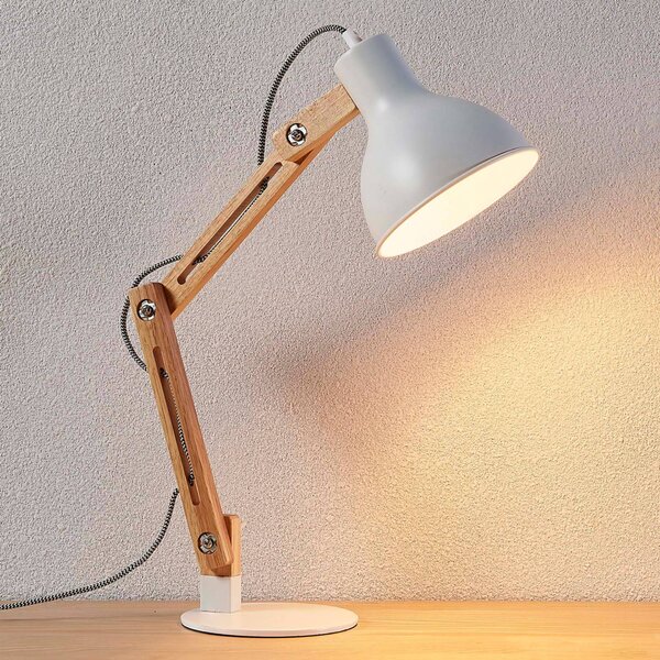 Lindby Dřevěná lampa na psací stůl Shivanja se stínidlem, Světlé dřevo, Pracovna / kancelář, Dřevo, Moderní