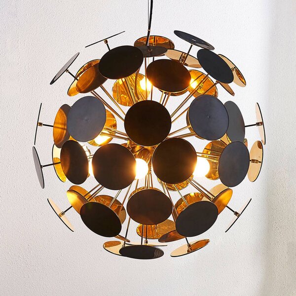 Lindby Závěsná lampa Kinan, Ø 54 cm, černá, zlatá, kov, stmívatelný, Černá, Obývací pokoj / jídelna, Plast, Moderní