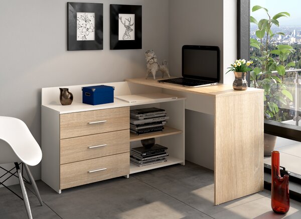 KONDELA Univerzální rohový PC stůl, dub sonoma/bílá, KLAUDI