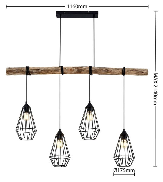 Lindby Závěsné svítidlo Eldarion, 116 cm, 4 světla, dřevo, E27, stmívatelný, Světlé dřevo, Obývací pokoj / jídelna, kov, Venkovský / rustikální