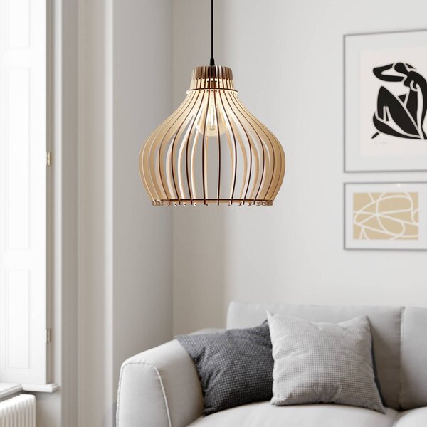 TEMAR LIGHTING Závěsné světlo Barrel jeden zdroj, Ø 38 cm, stmívatelný, Světlé dřevo, Obývací pokoj / jídelna, Dřevo, Venkovský / rustikální