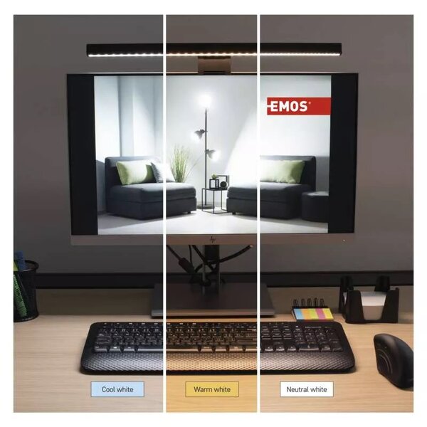 Emos Z7617 AVA - LED stmívatelné svítidlo na monitor / notebook napájené z USB, 3000K, 4000K, 5000K, 46cm (LED svítidlo s univerzálním držákem na monitor)