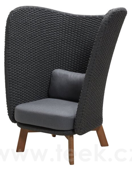 Cane-line Nízké křeslo s vysokou zádovou opěrkou Peacock, Cane-line, 102x89x126 cm, nohy teak, výplet lanko Soft Rope dark grey, sedáky venkovní látka Natté grey
