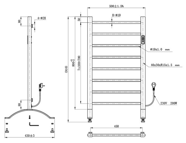 BPS-koupelny Elektrický koupelnový radiátor TAAL BL 200W, 50x91 cm, černý