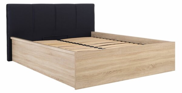 Postel jednolůžko s úložným prostorem a roštem TETRIS 140x200, dub sonoma - černé celočalouněné čelo