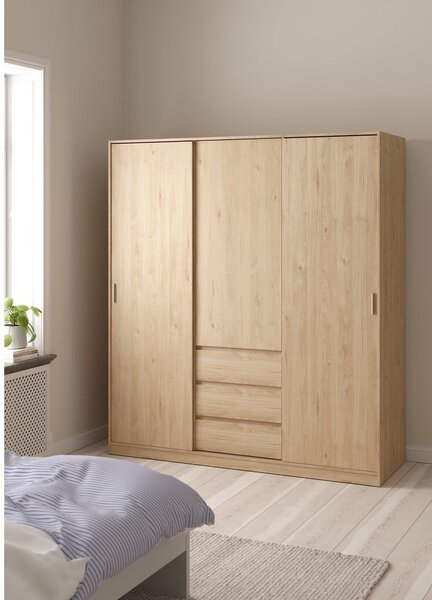 Šatní skříň v dekoru dubu s posuvnými dveřmi v přírodní barvě 177x200x60 cm Naia – Tvilum