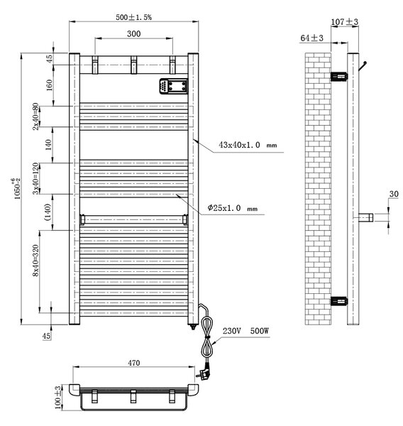 BPS-koupelny Elektrický koupelnový radiátor YASUR BL ECO 500W, 50x105 cm, černý