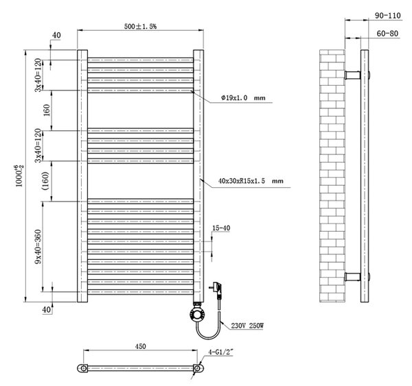 BPS-koupelny Elektrický koupelnový radiátor KATLA WH 250W, 50x100 cm, bílý