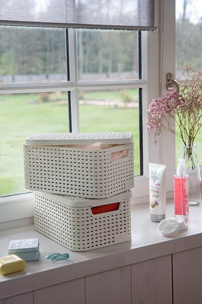 Úložný box, ratanový košík, STYLE2 Curver s víkem, krémový (39x29x20 - 18l)