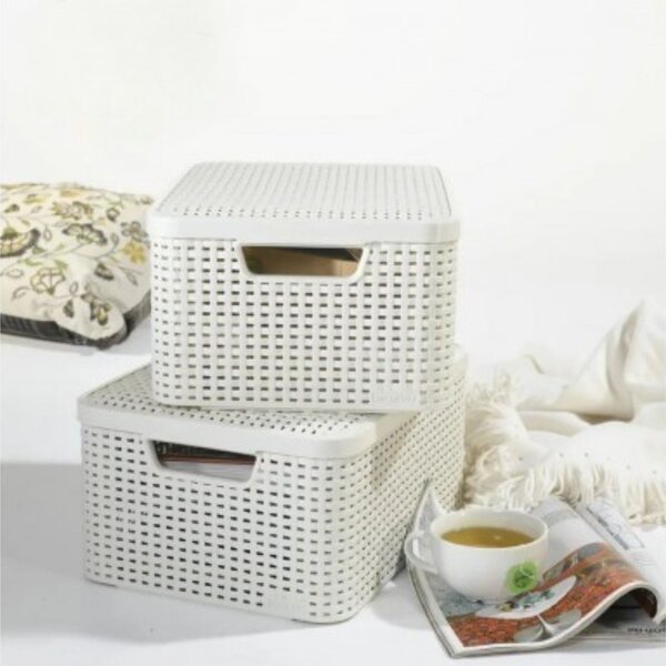 Úložný box, ratanový košík, STYLE2 Curver s víkem, krémový (39x29x20 - 18l)