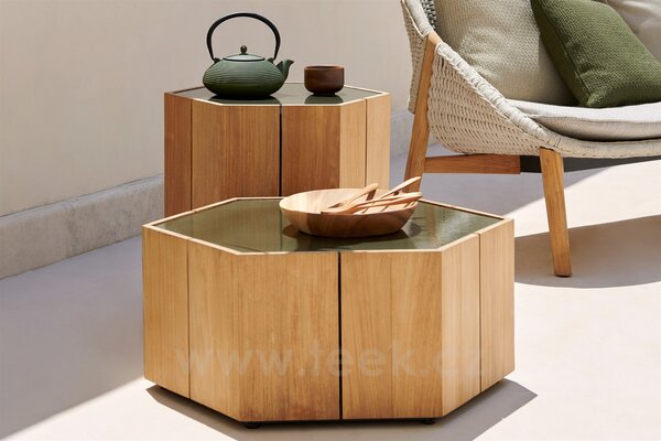 Tribu Odkládací stolek Hexagon, Tribu, 50x49 cm, rám teak, deska glazovaný lávový kámen barva hemp