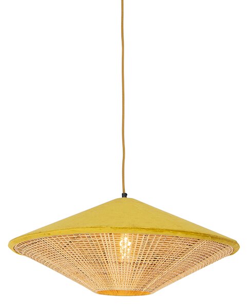Venkovská závěsná lampa žlutý samet s rákosem 60 cm - kudrlinky Frills