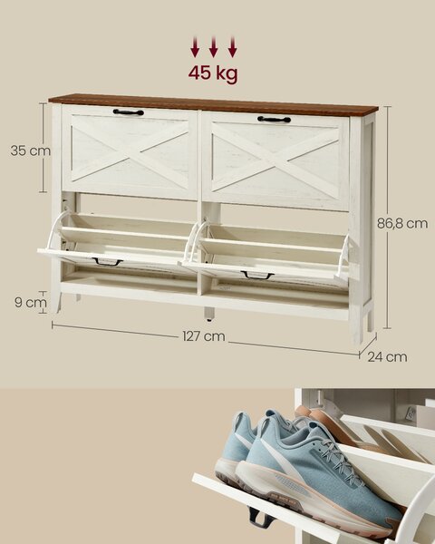 VASAGLE Botník LIRY se 4 výklopnými oddíly venkovský styl bílá