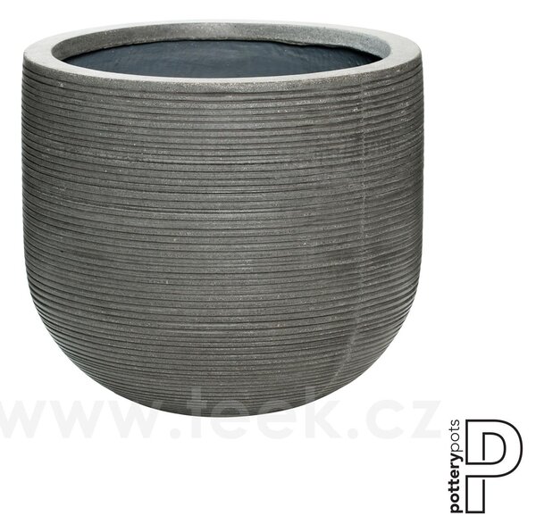 Pottery Pots Venkovní květináč kulatý Cody M, Dark Grey (barva tmavě šedá, vodorovné pruhy), kolekce Ridged, materiál Ficonstone, průměr 35 cm x v 31 cm, objem cca 26 l