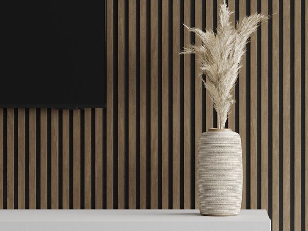 Mexen Lam-F, akustické stěnové lamely 275 × 30 cm, plstěný podklad 8 mm, technická dýha, ořech kakaový, S105-275307-3015-018
