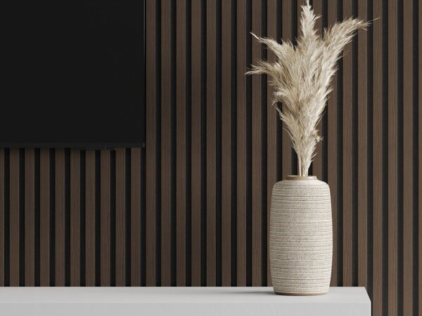 Mexen Lam-F, akustické stěnové lamely 275 × 30 cm, plstěný podklad 8 mm, technická dýha, ořech palisandrový, S105-275307-3015-021