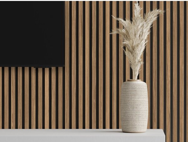 Mexen Lam-F, akustické stěnové lamely 275 × 30 cm, plstěný podklad 8 mm, technická dýha, ořech světlý, S105-275307-3015-017