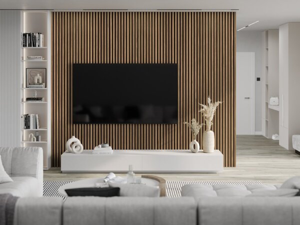 Mexen Lam-F, akustické stěnové lamely 275 × 30 cm, plstěný podklad 8 mm, technická dýha, ořech světlý, S105-275307-3015-017