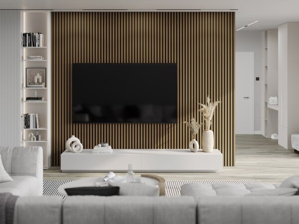 Mexen Lam-F, akustické stěnové lamely 275 × 30 cm, plstěný podklad 8 mm, technická dýha, teak zlatavý, S105-275307-3015-014