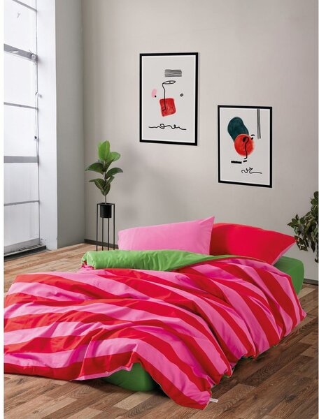 Zelené/růžové povlečení na dvoulůžko/prodloužené z bavlny Renforcé s prostěradlem/4dílné 200x220 cm Cherie – Mijolnir