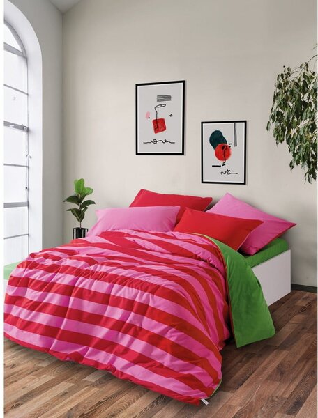 Zelené/růžové povlečení na dvoulůžko/prodloužené z bavlny Renforcé s prostěradlem/4dílné 200x220 cm Cherie – Mijolnir