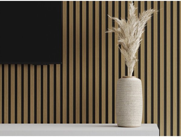 Mexen Lam-F, akustické stěnové lamely 275 × 30 cm, plstěný podklad 8 mm, technická dýha, teak zlatavý, S105-275307-3015-014
