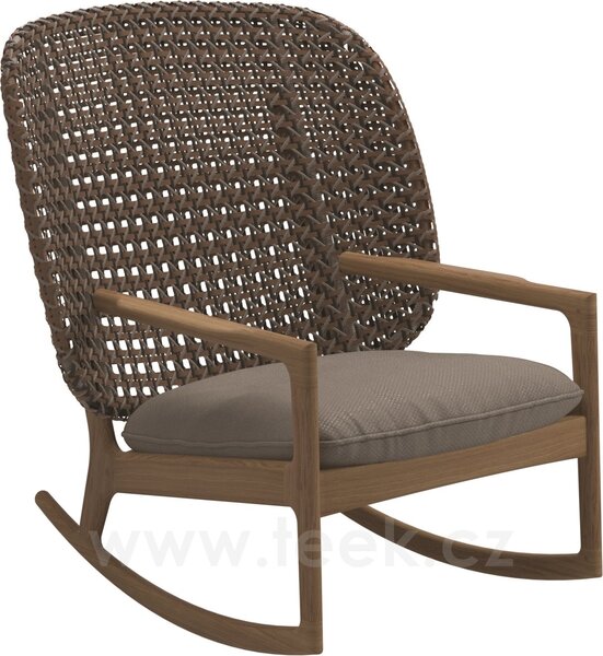 Gloster Houpací křeslo s vysokou zádovou opěrkou Kay, Gloster, 85,5x84,5x95,5 cm, rám teak, výplet umělý ratan barva Brindle, sedák venkovní látka kat. B barva dle vzorníku