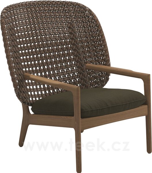 Gloster Nízké křeslo s vysokou zádovou opěrkou Kay, Gloster, 85,5x84,5x95,5 cm, rám teak, výplet umělý ratan barva Brindle, sedák venkovní látka kat. B barva dle vzorníku