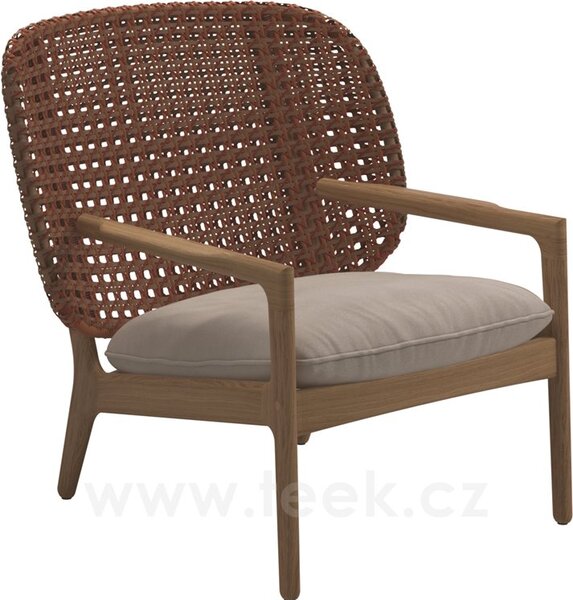 Gloster Nízké křeslo s nižší zádovou opěrkou Kay, Gloster, 85,5x84,5x83,5 cm, rám teak, výplet umělý ratan barva Brindle, sedák venkovní látka kat. B barva dle vzorníku